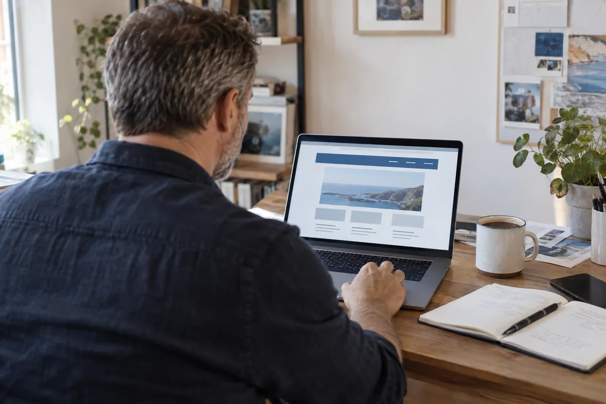 Business owner reviewing a basic website on a laptop