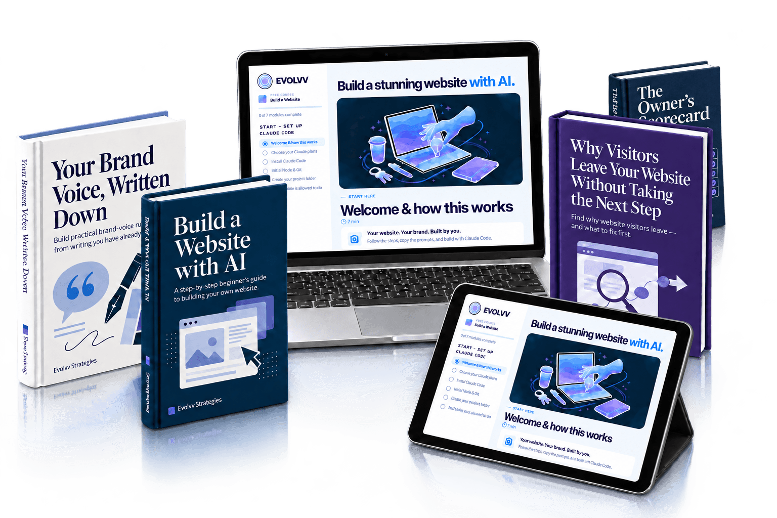 Evolvv website course on a laptop and tablet alongside four ebooks