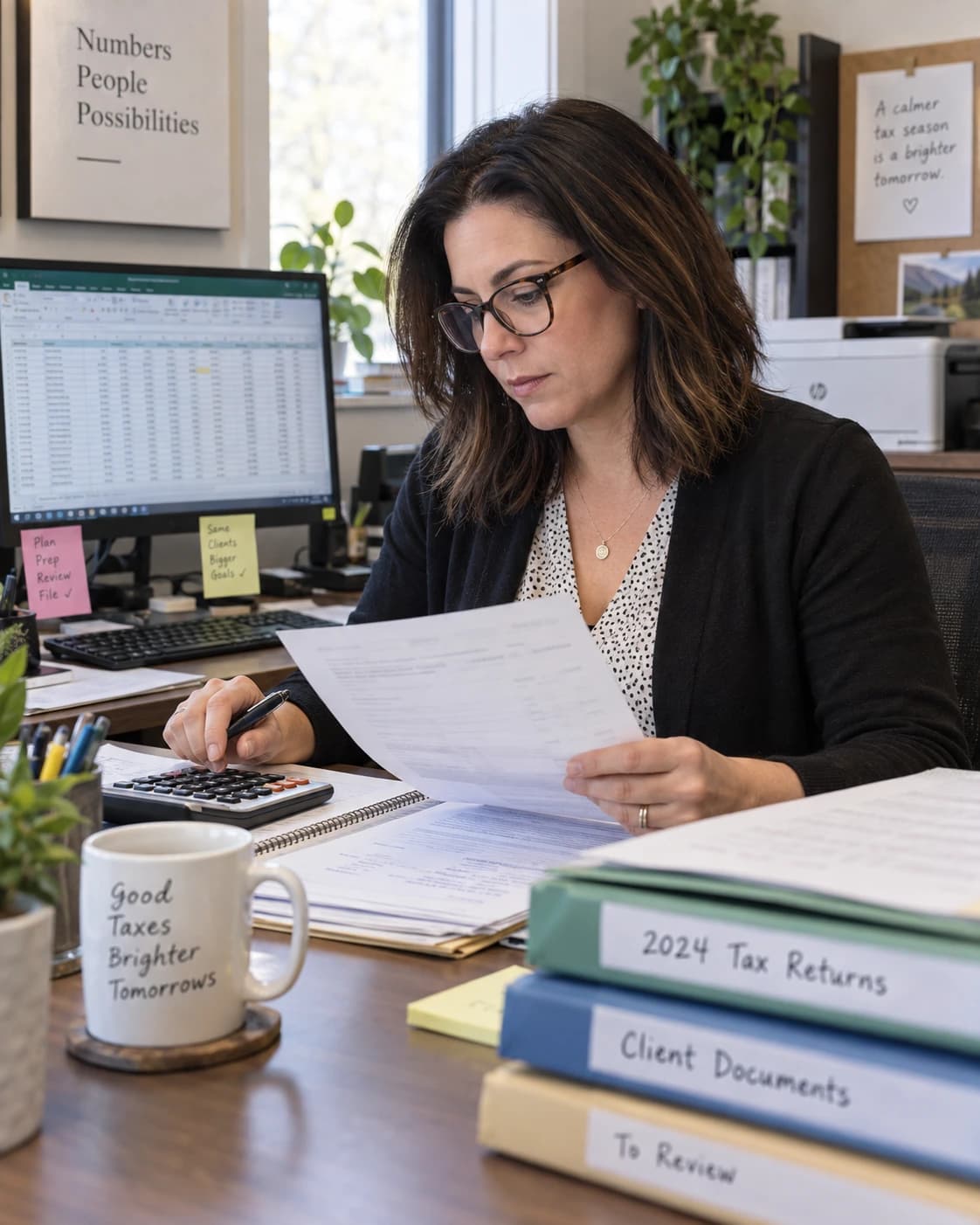 A tax-accounting firm owner reviewing documents beside a spreadsheet.