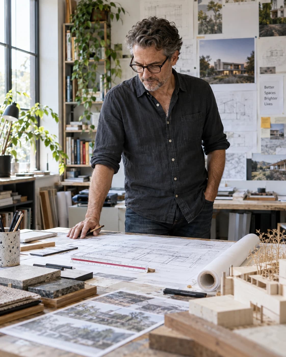 An architecture-studio owner reviewing plans and material samples at a worktable.