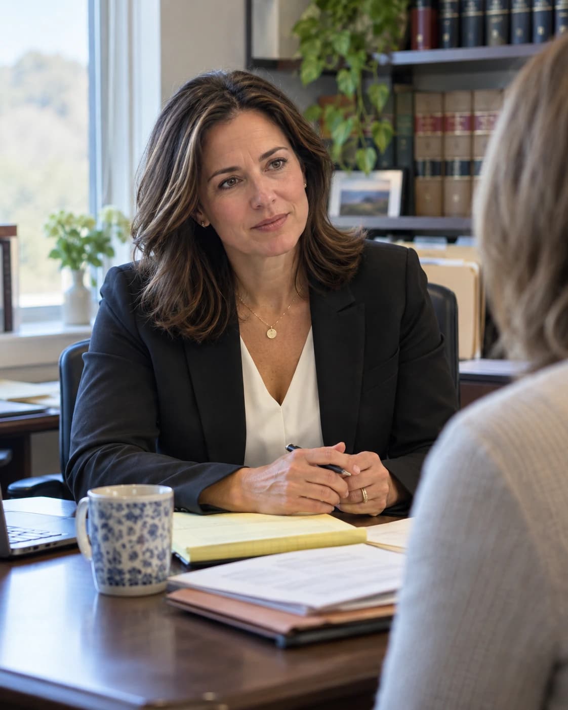 A law-firm owner listening to a client in her office.