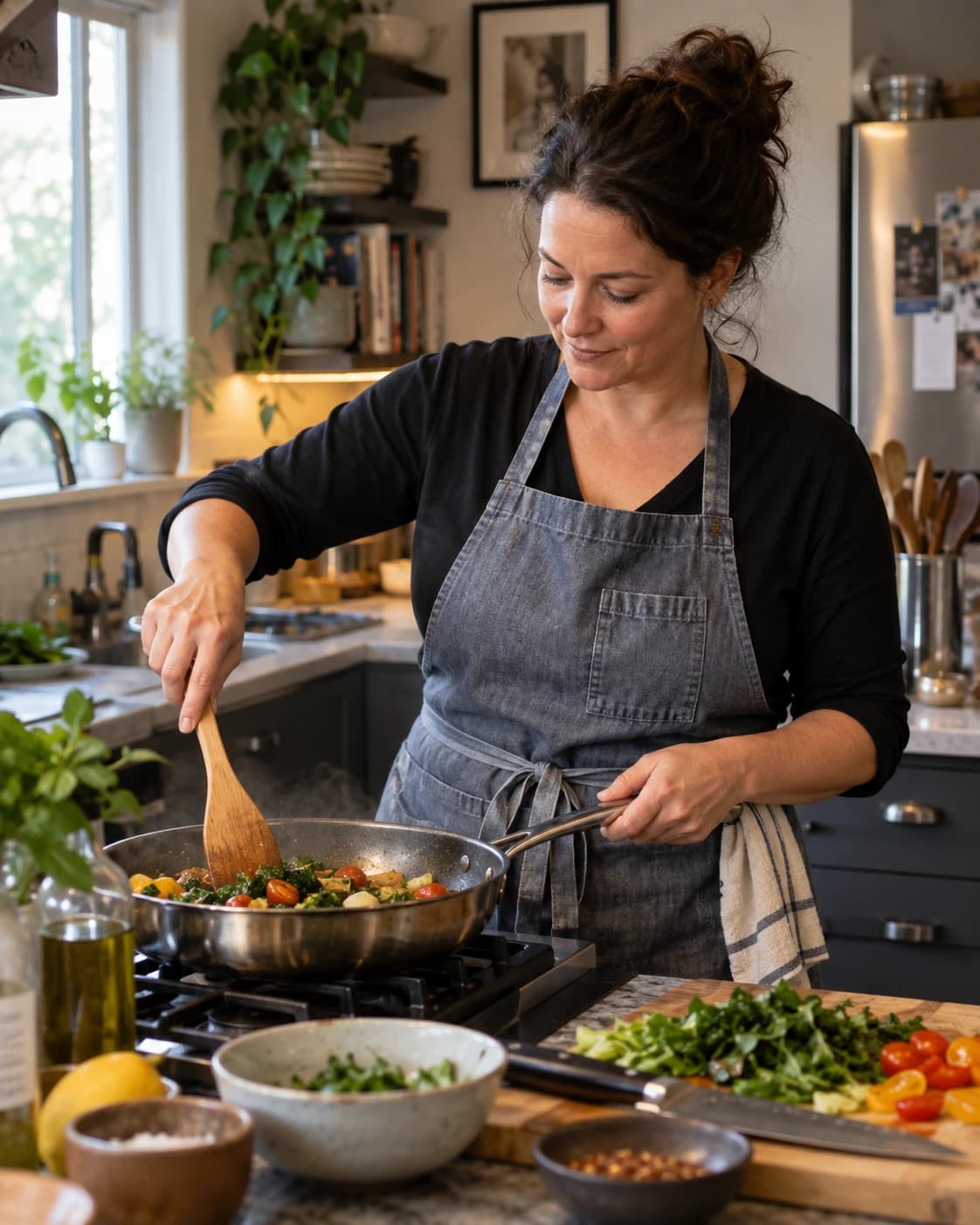 A personal-chef business owner cooking in a working residential kitchen.