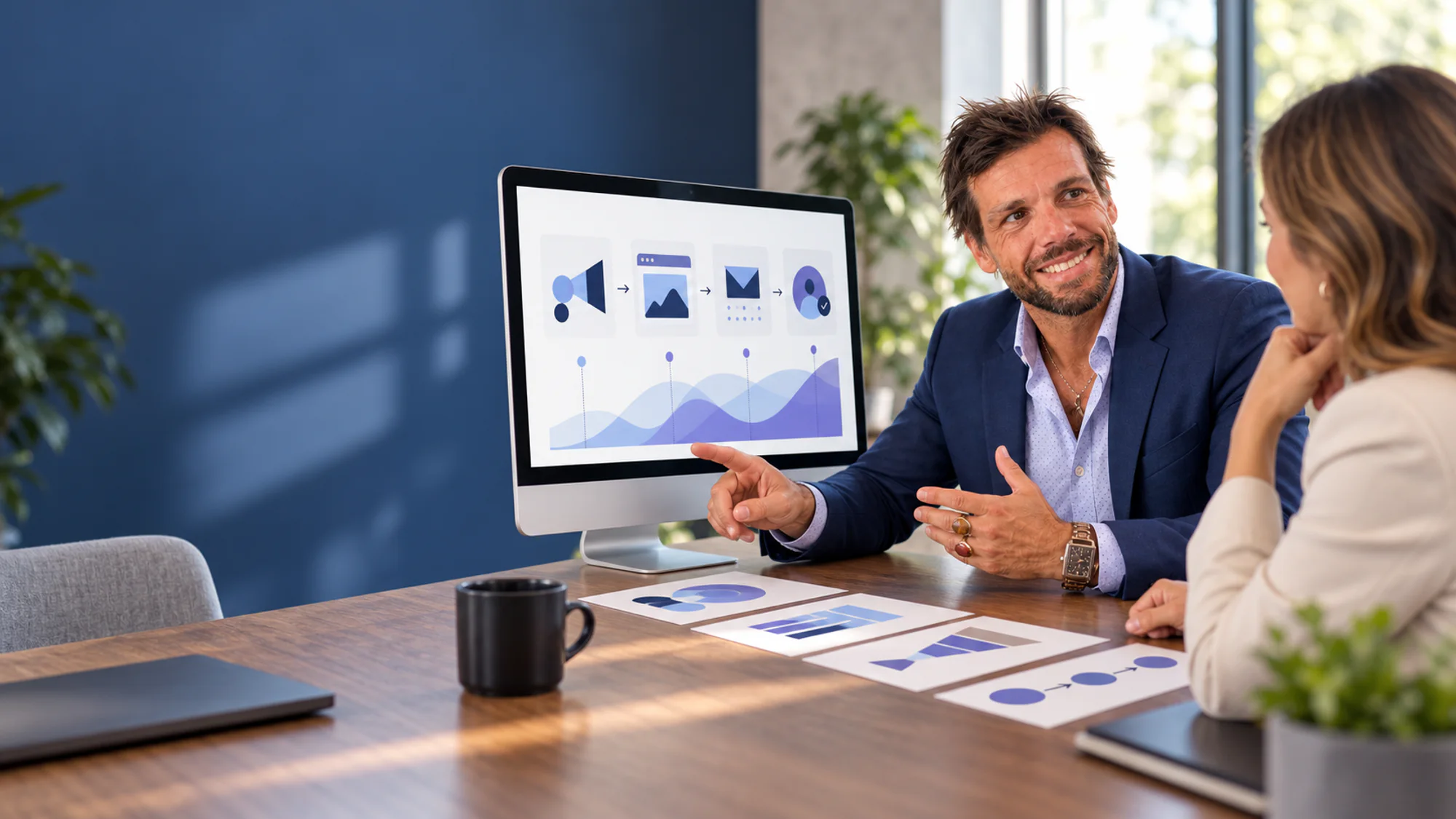 Pete reviewing a coordinated marketing system with a business owner