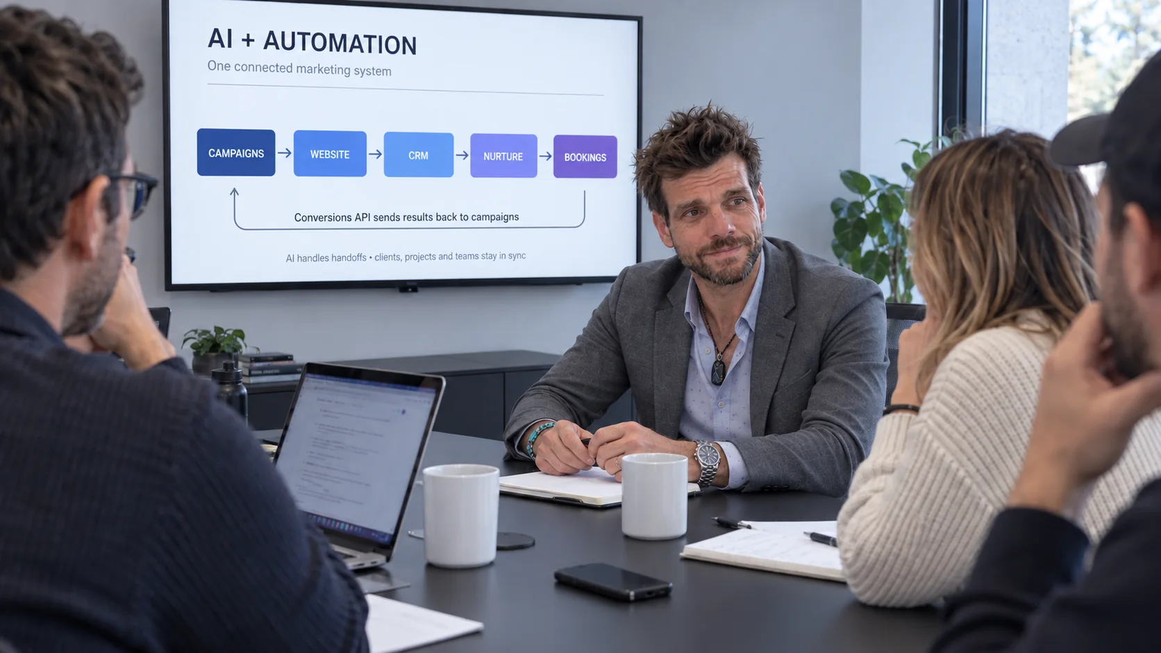 Pete meeting with business owners beside a presentation about a connected marketing system