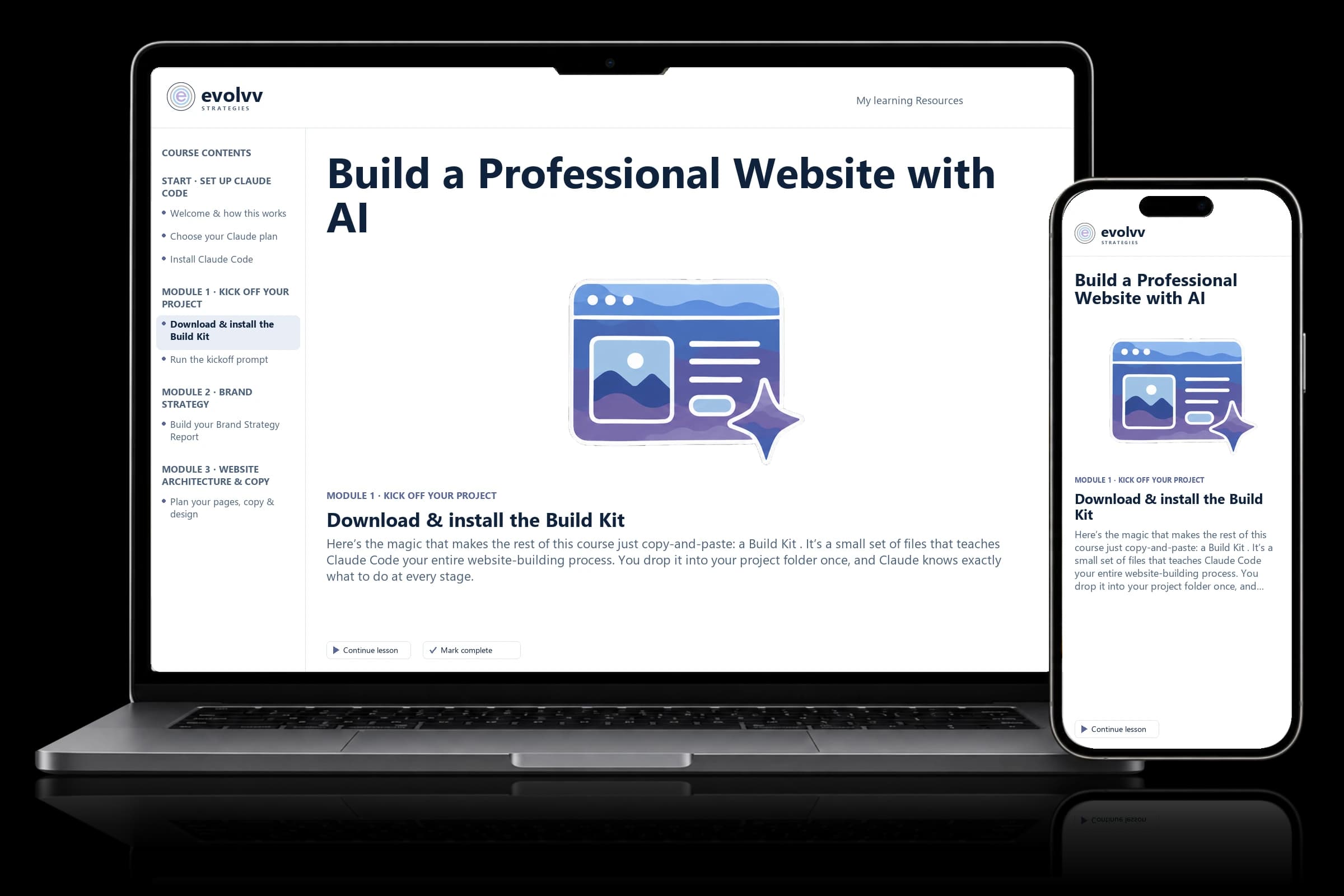 Build a Professional Website with AI course shown on a laptop and phone