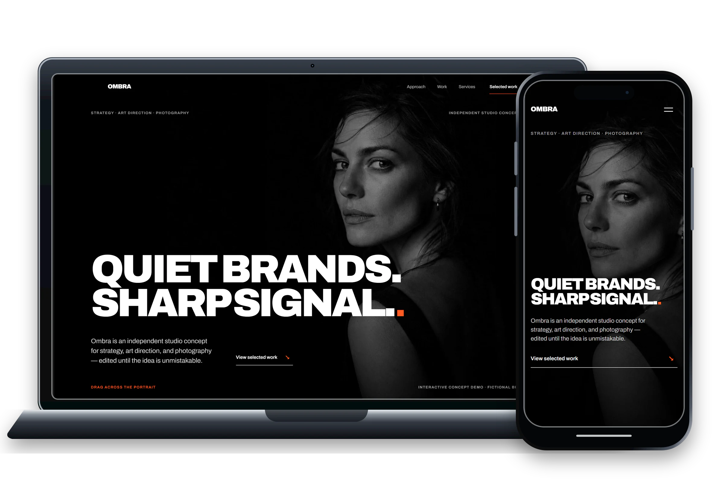 Ombra website design shown on laptop and phone screens