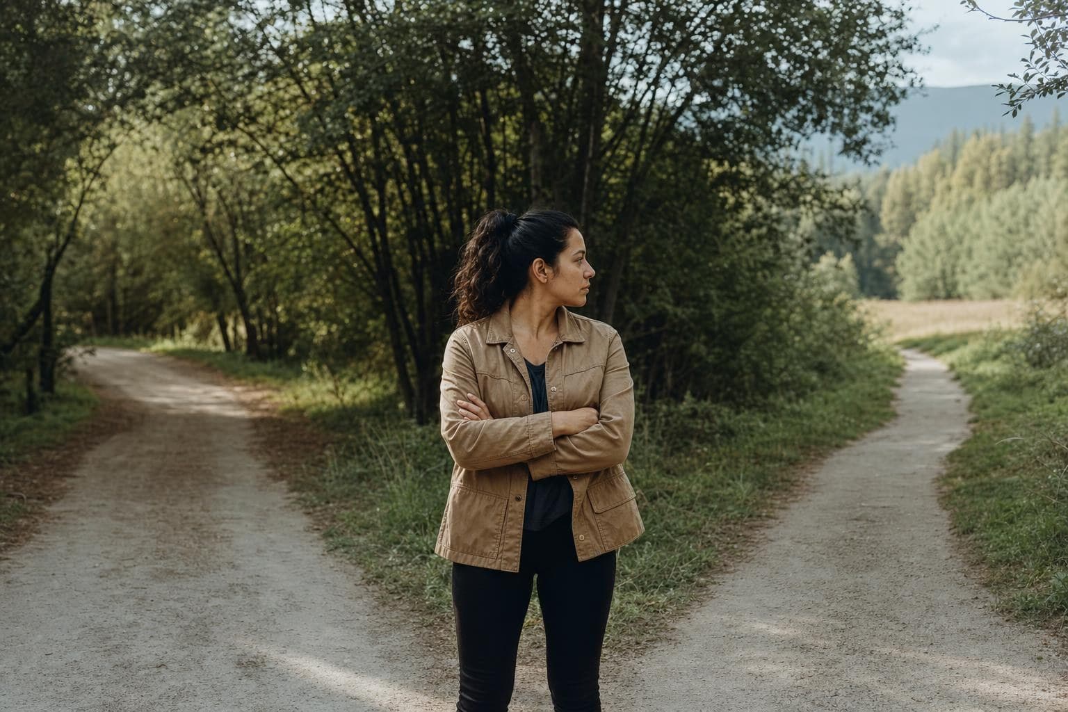 A photo of a business owner standing at a literal fork in a path, weighing two directions.