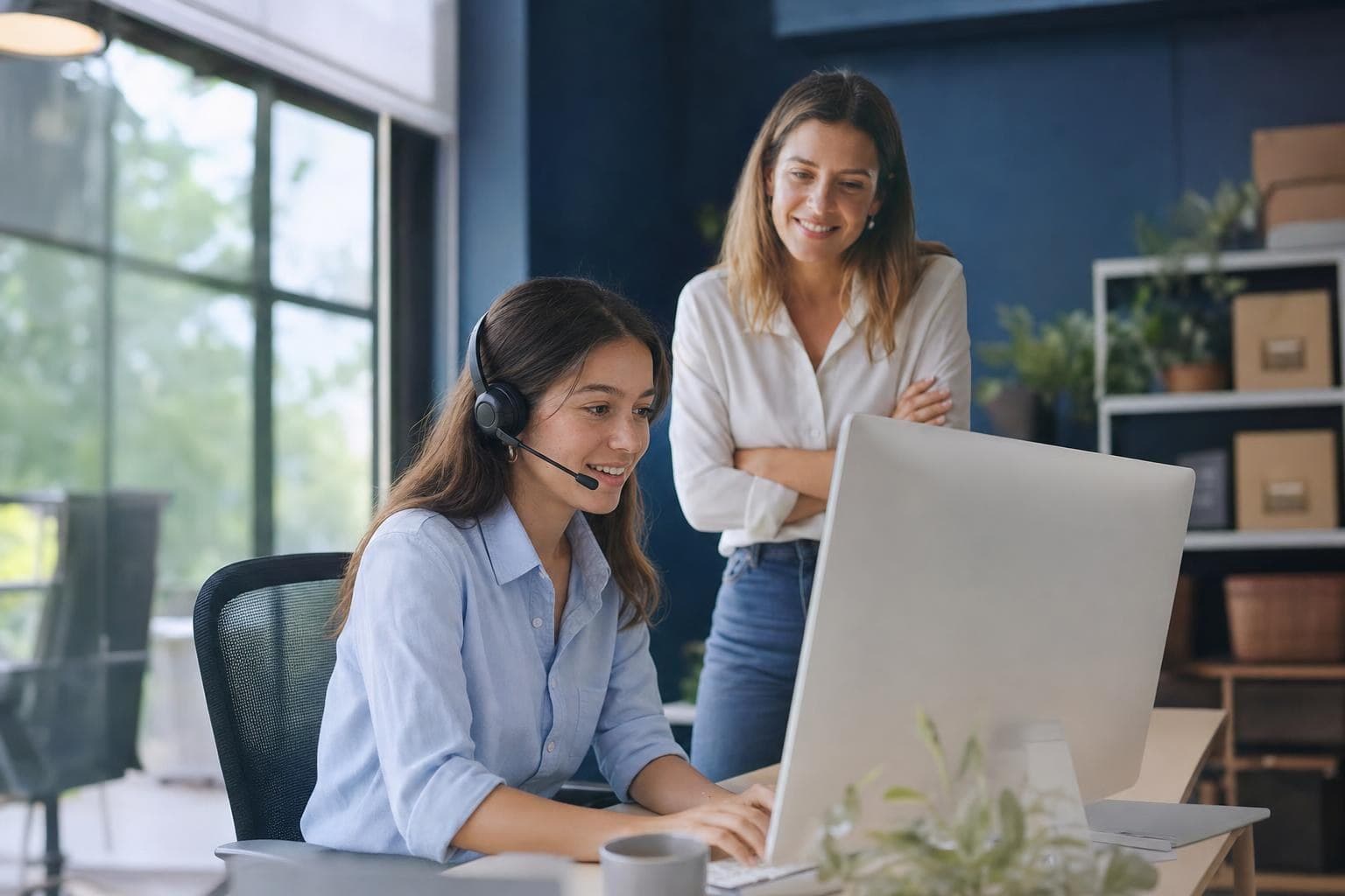 A photo of a customer getting a quick, helpful answer on a website chat while a business owner looks on.