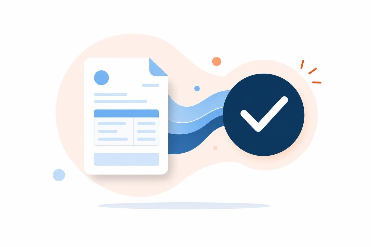 A flat illustration of an invoice flowing automatically into a paid checkmark in the brand palette, no text.