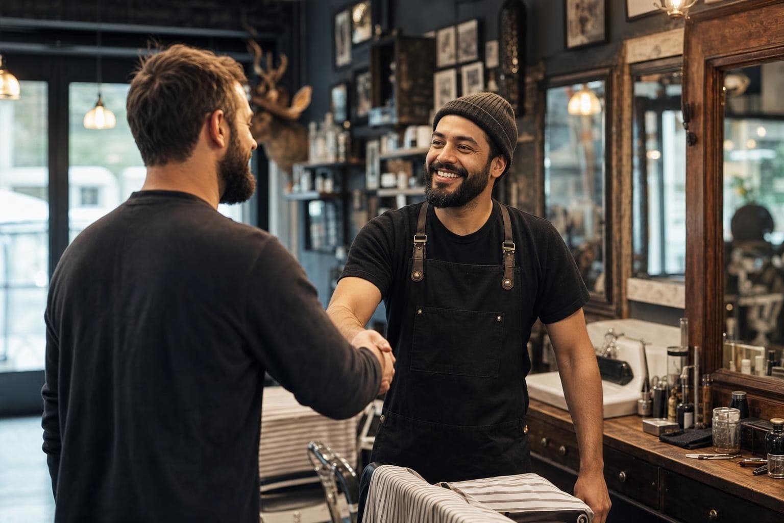 A barber owner greeting a long-time regular by name with a warm handshake.