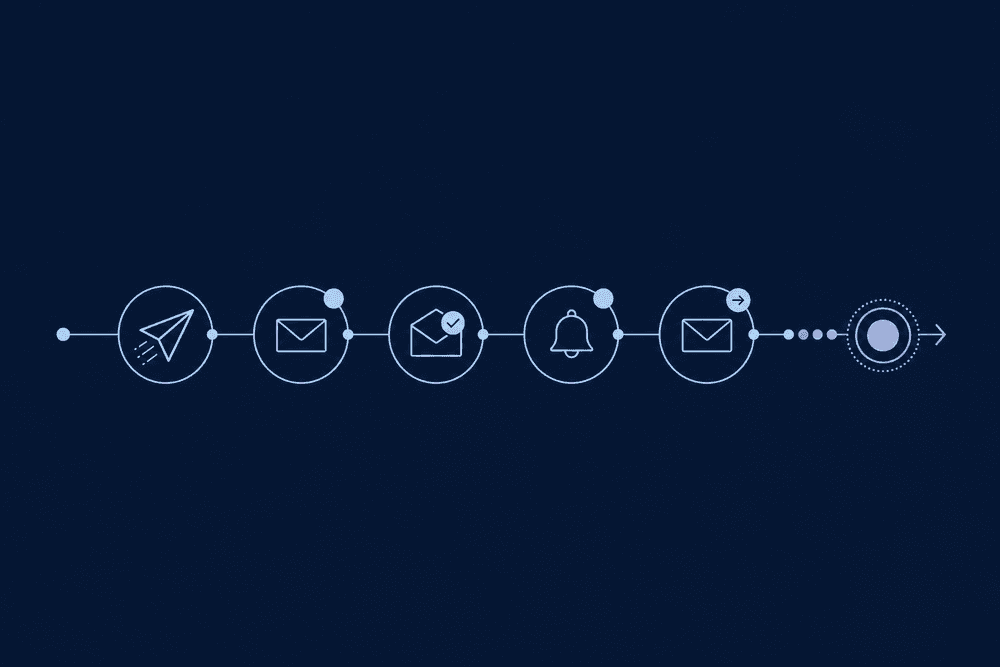 A clean sequence of connected message nodes along a timeline, illustrating follow-up cadence.