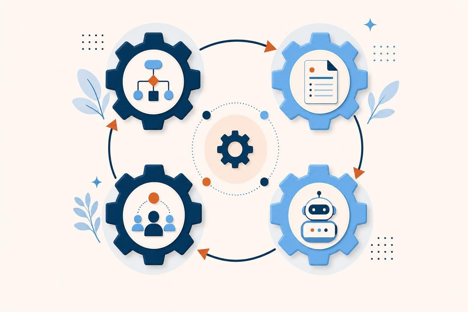 A flat infographic of a loop — systemize, document, automate, delegate — shown as connected gears in the brand palette.