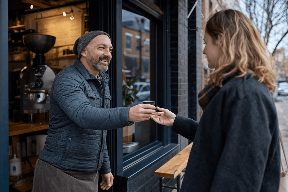 A coffee-roaster owner handing a free sample to a curious passerby outside his storefront.