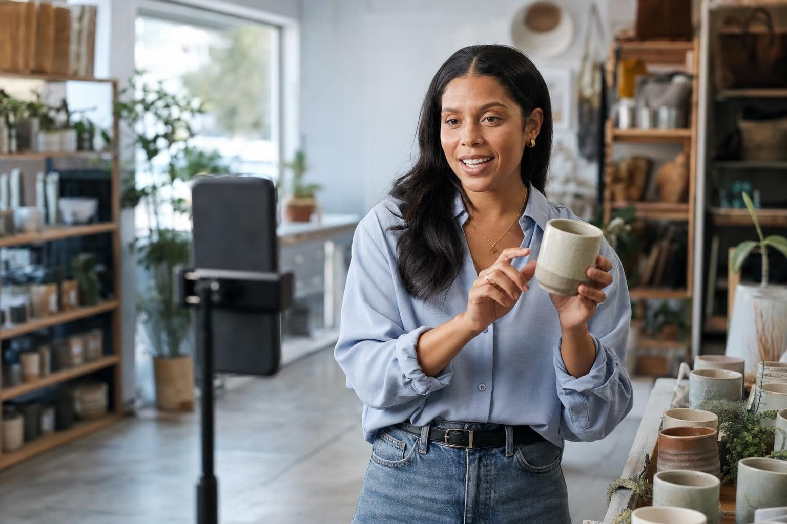 A photo of a small business owner filming a quick helpful tip on a phone inside their shop.