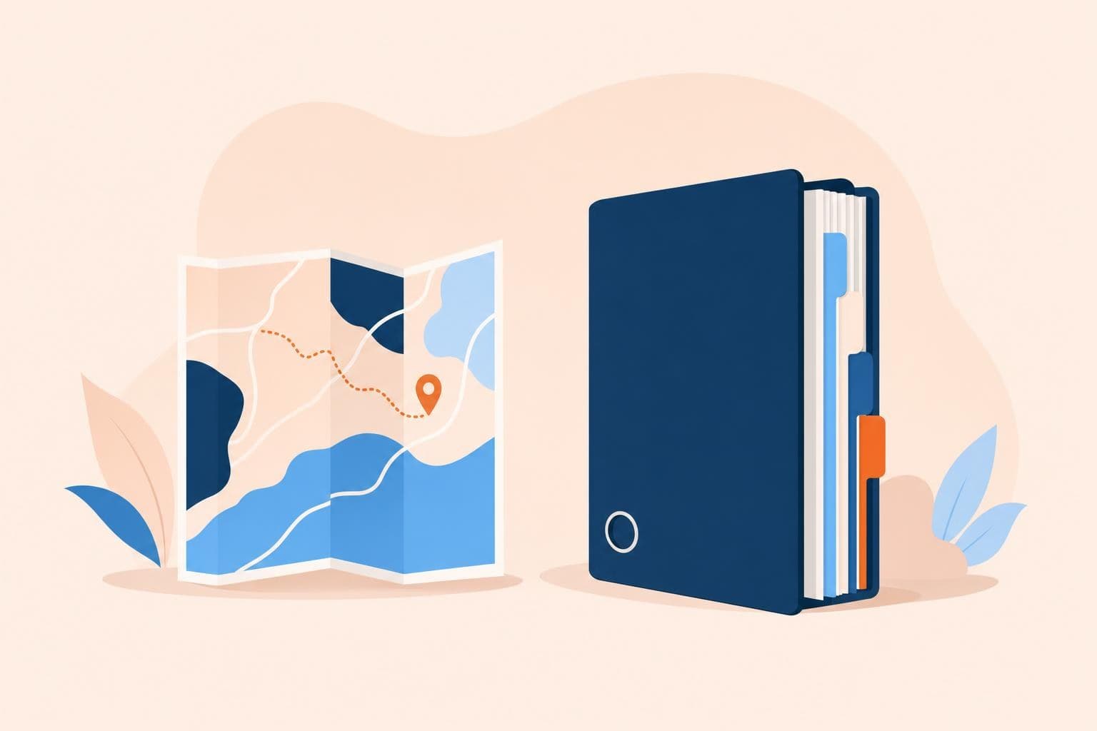 A flat vector illustration of a simple folded one-page map next to a thick binder, in brand colors.