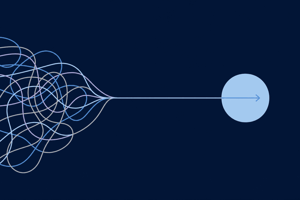 A tangle of lines resolving into one clean straight light-blue line, illustrating clarity.