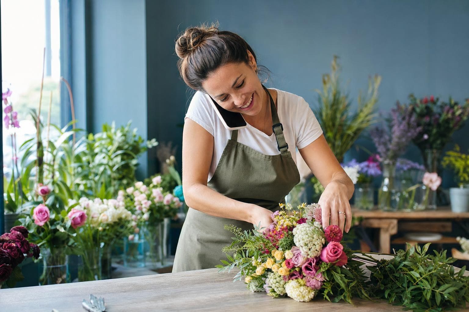 A florist owner energetically taking a phone order while arranging a bouquet.