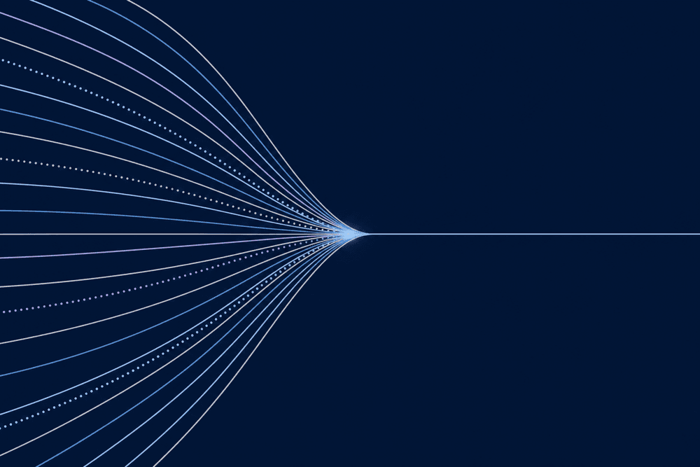 A wide flow pinching through one narrow point glowing light blue, illustrating a bottleneck.