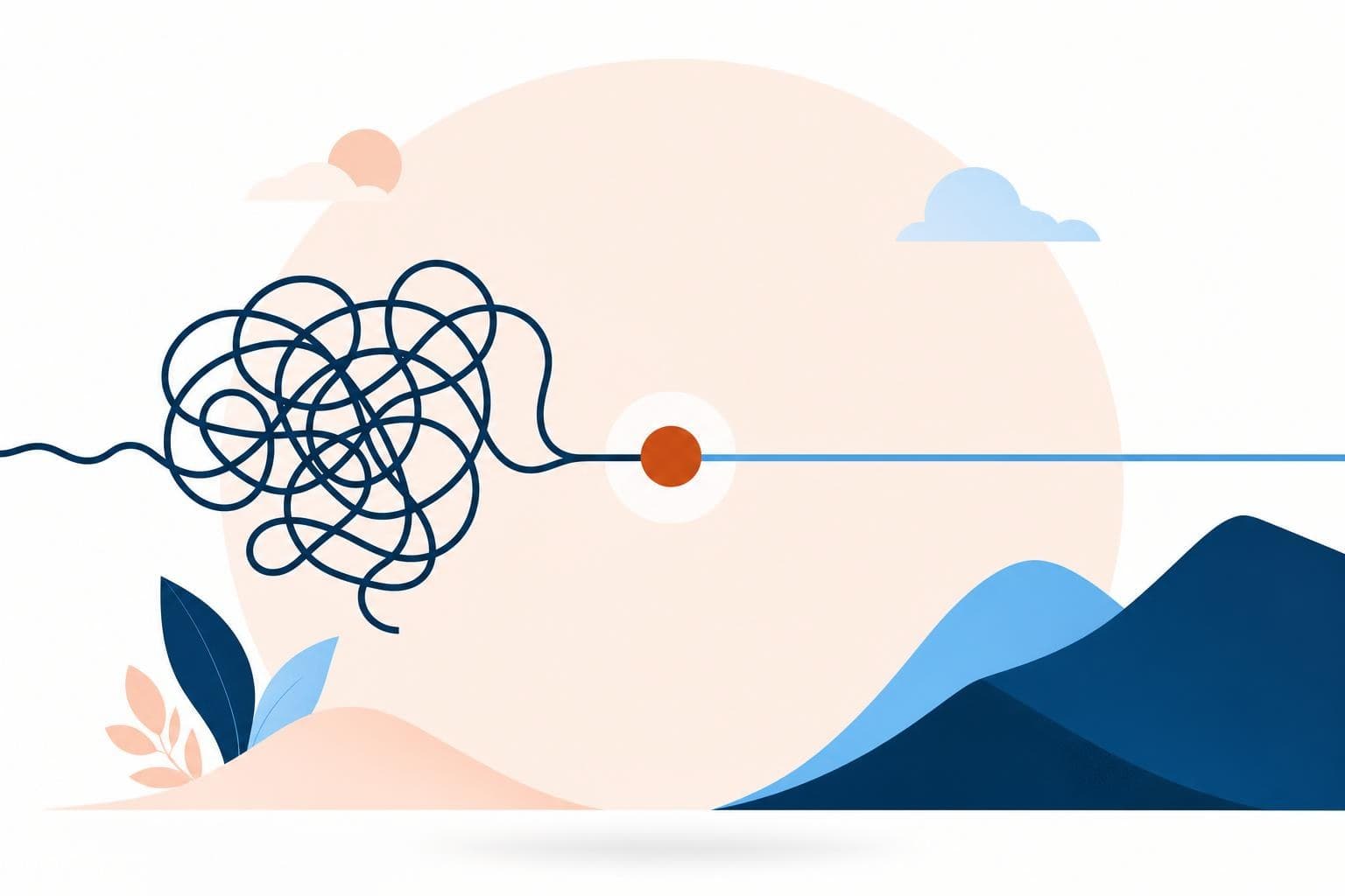 A flat vector illustration of tangled lines resolving into one clear straight line, in brand colors.