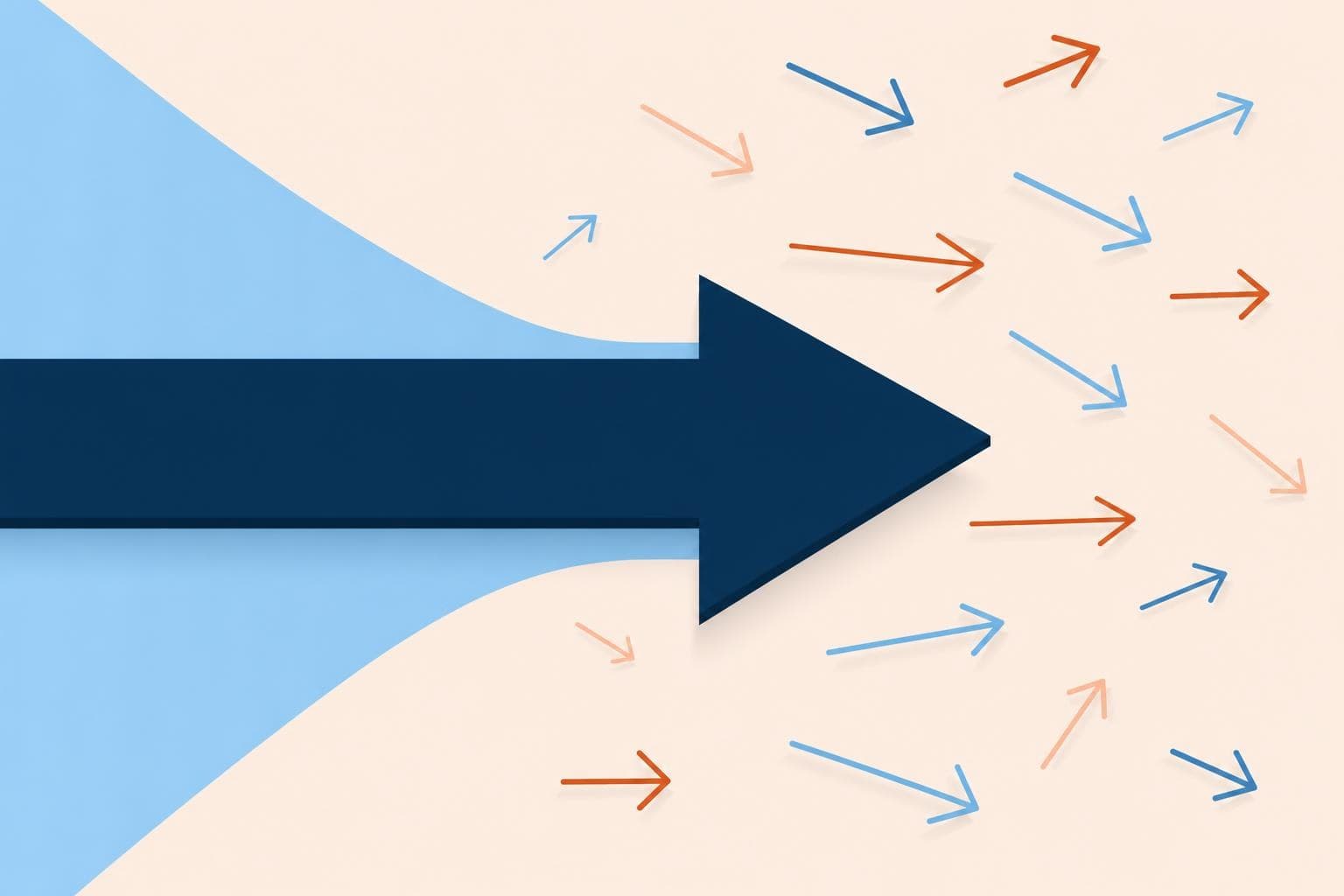 A flat vector illustration of one strong arrow next to many scattered thin arrows, in brand colors.