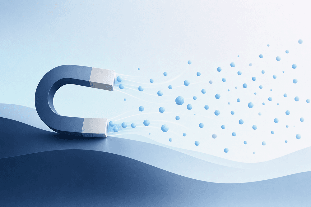 A magnet softly attracting light-blue dots from a calm field, illustrating lead generation.