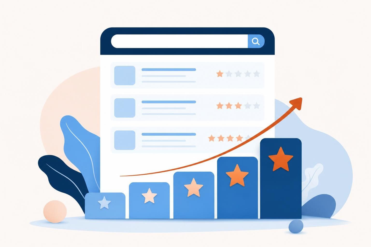 A flat illustration of rising star-rating bars climbing up a search result listing.
