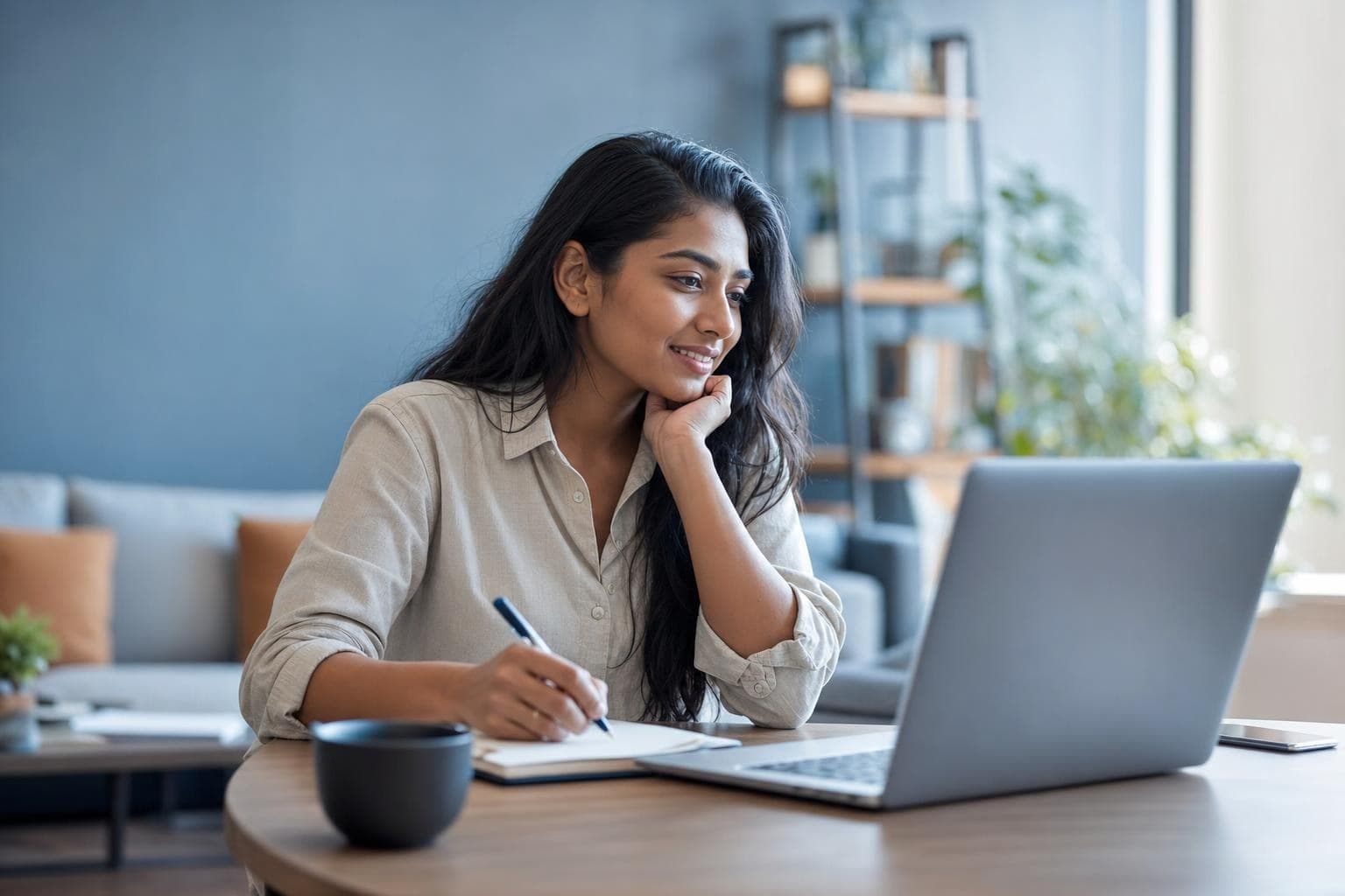 A photo of a composed business owner thoughtfully replying to feedback on a laptop, calm and professional.