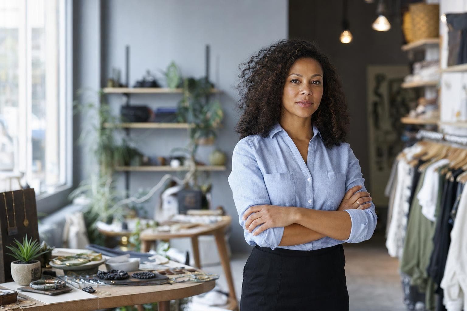 A determined boutique owner standing confidently in her small, distinctive shop.