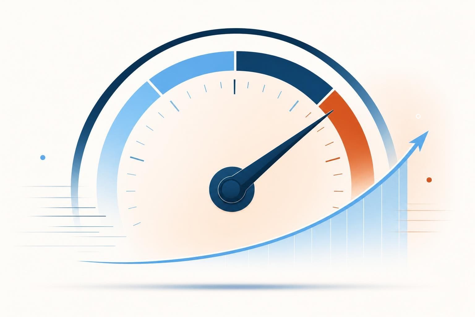 A chart showing a stylized speed gauge with a fast-rising website performance curve.