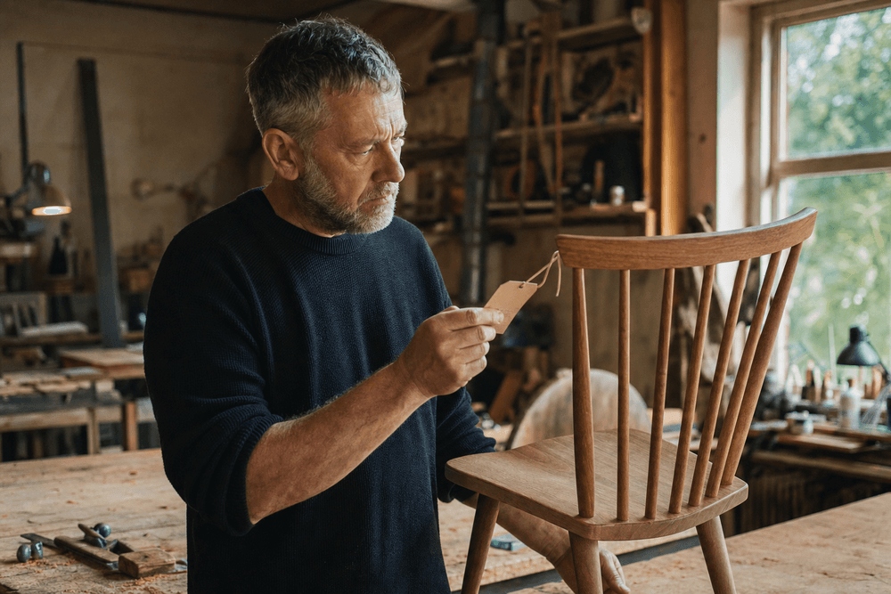 A furniture-maker in his workshop studying a price tag on a finished wooden chair.