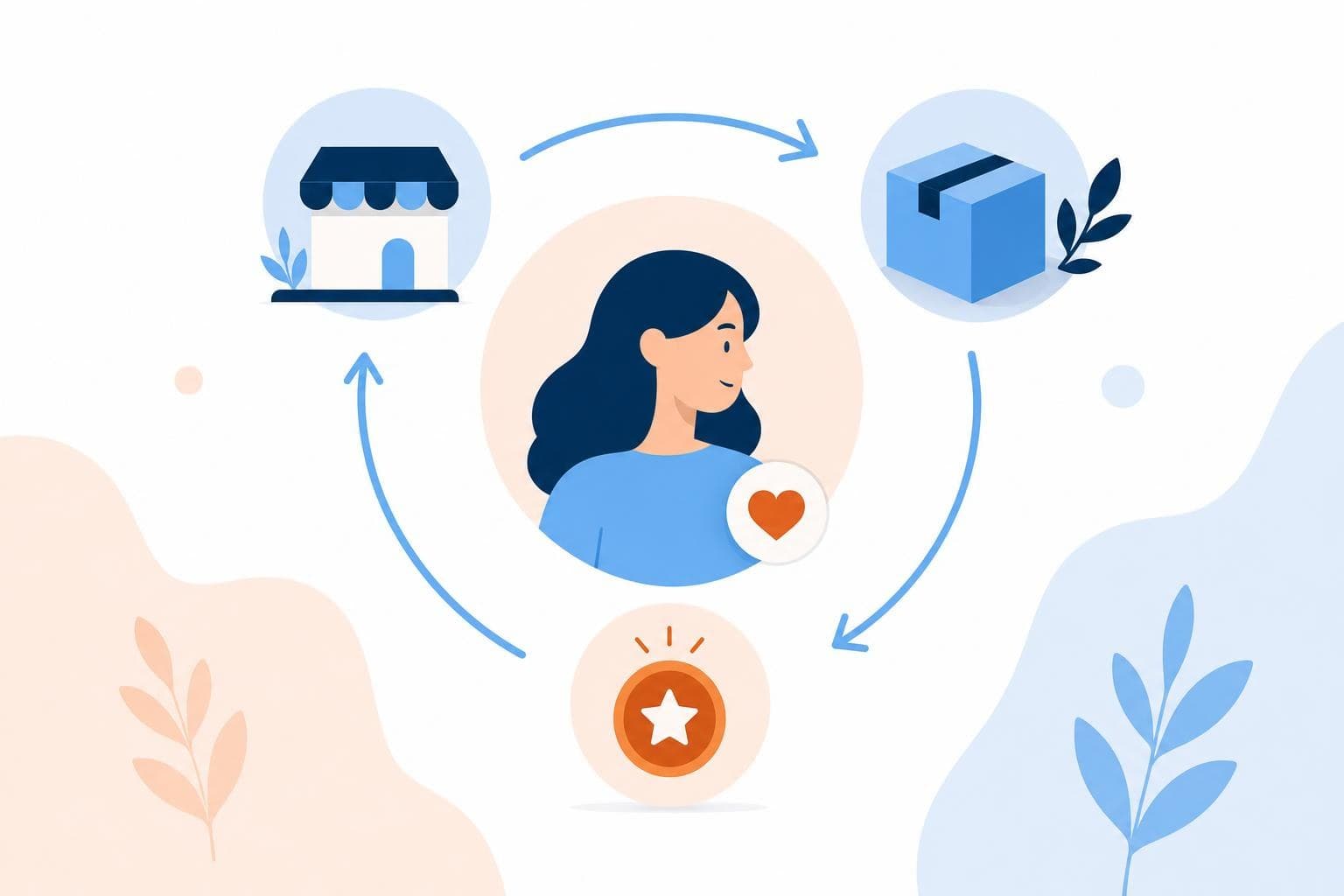 A flat vector illustration of a returning-customer loop with a small reward token, rendered in the Evolvv palette.