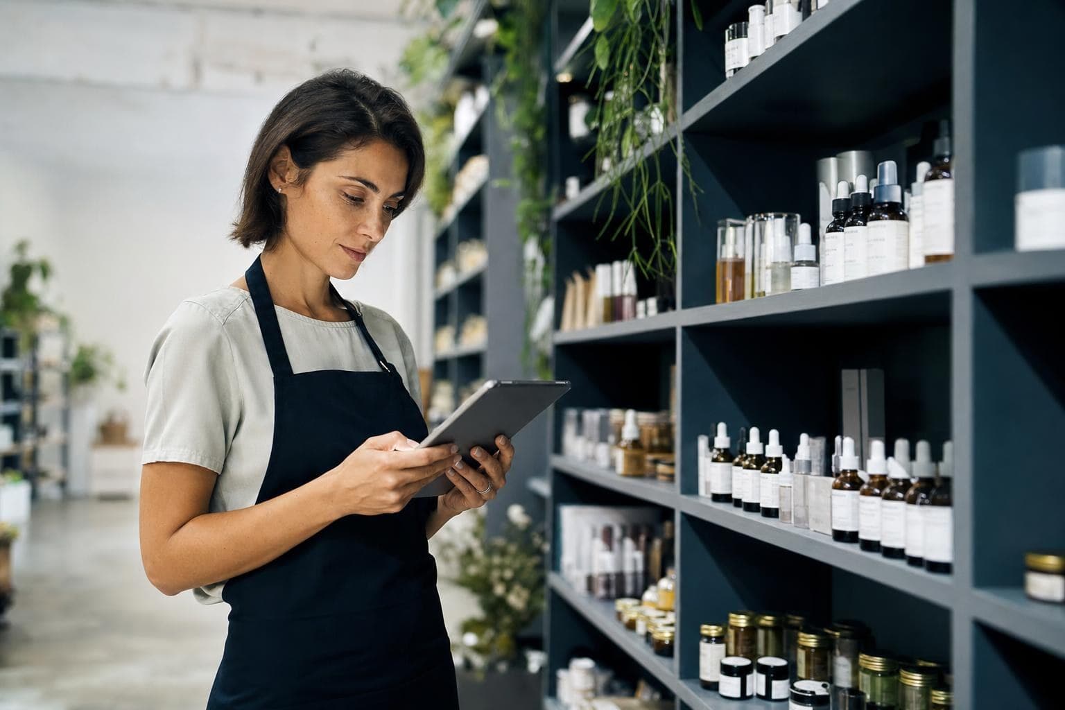 A photo of a shop owner scanning stock with a tablet on tidy, well-organized shelves.