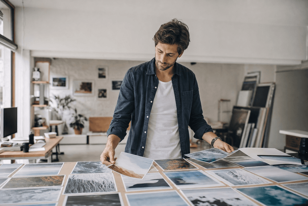 A photographer choosing between many different print samples spread on a table.