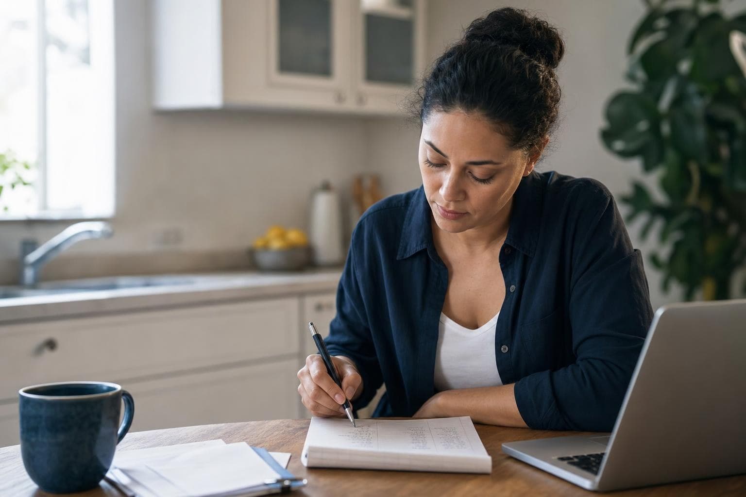 An owner studying two columns of figures on a notepad at her kitchen table.