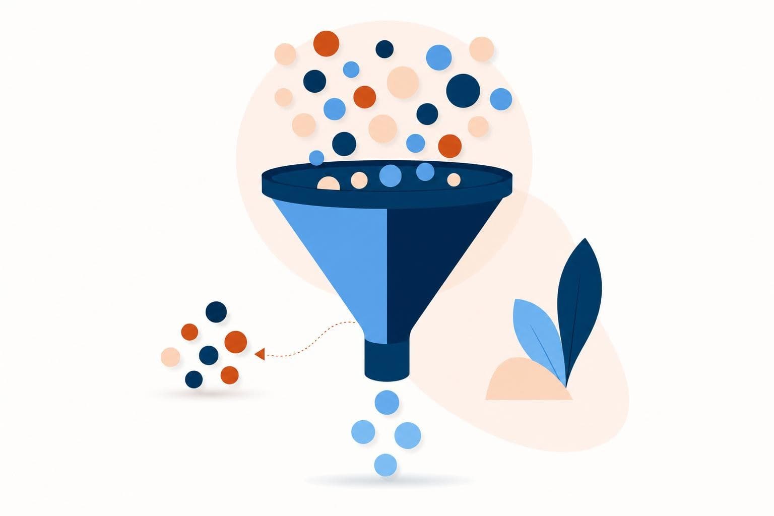 A flat vector funnel filtering good-fit dots from poor-fit ones, in the brand palette.