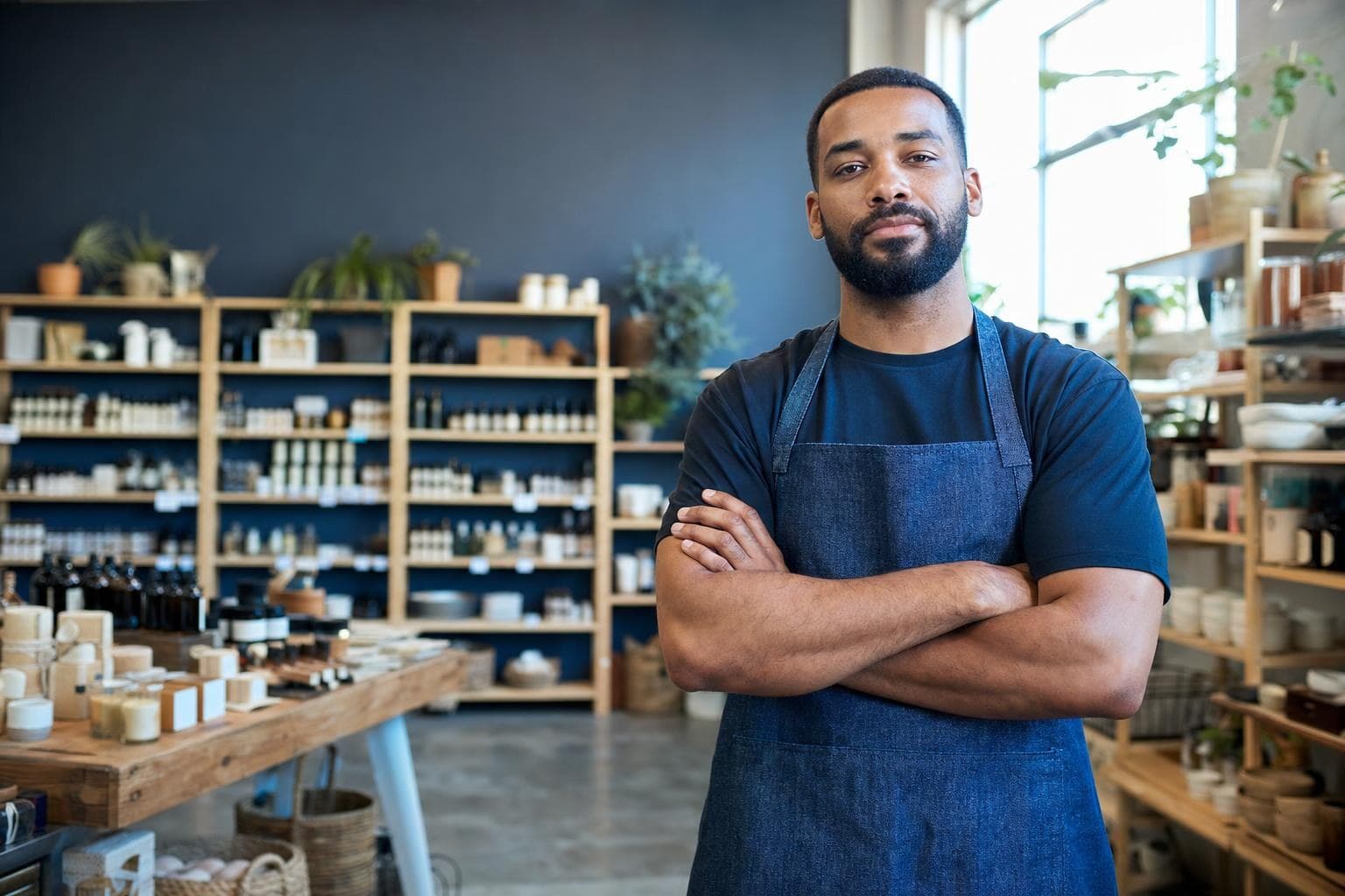 A steady, prepared shop owner standing confidently in a well-stocked store.