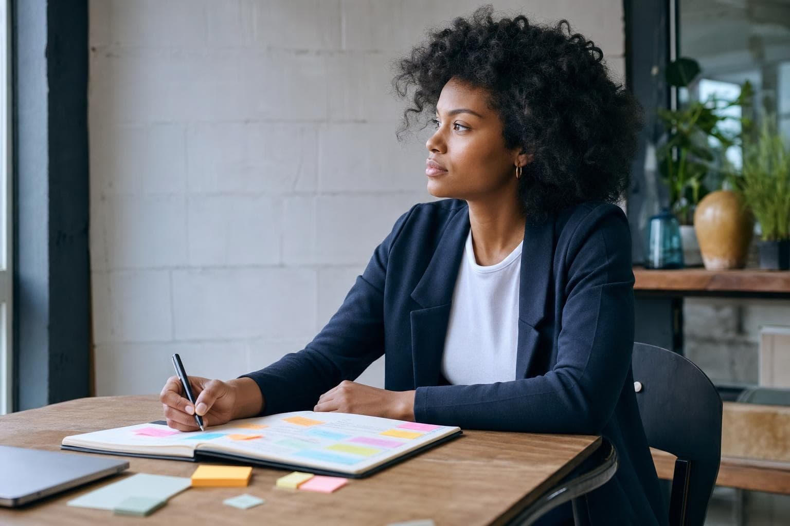 A business owner with a notebook and sticky notes mapping the next 90 days at a quiet desk.