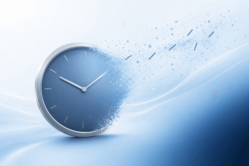 A clock with several hours softly lifting away as light-blue particles, illustrating reclaimed time.