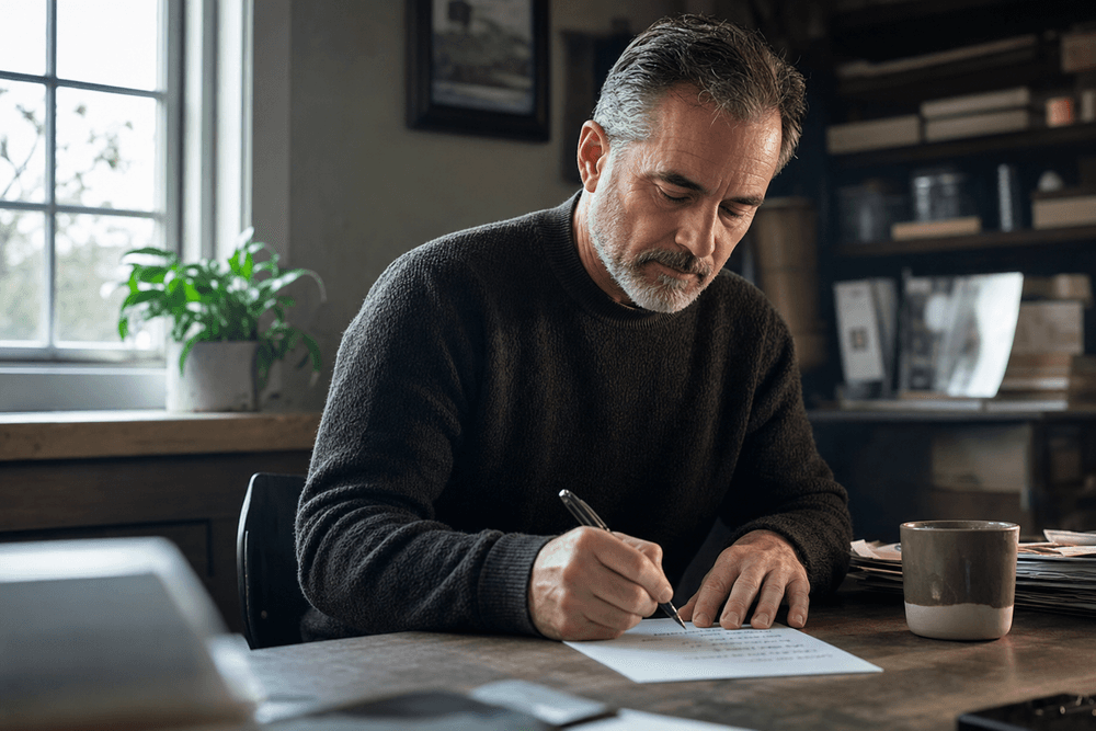 An owner writing a few clear goals on a single page at a quiet desk with coffee.