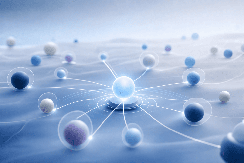 An abstract answer engine selecting and citing one glowing light-blue node among many.