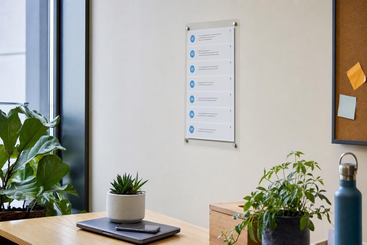 A photo of a clear, laminated step-by-step checklist on a clean workspace wall, text unreadable.