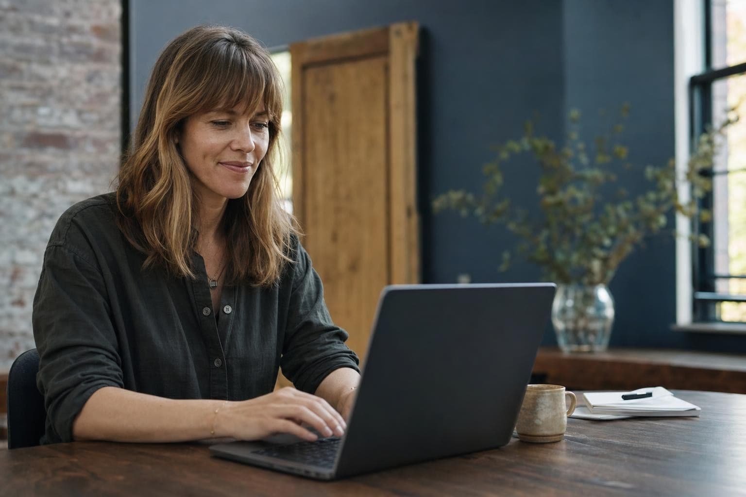 A relaxed business owner confidently editing their own website on a laptop at a bright desk.