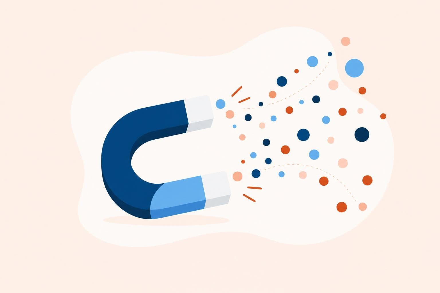 A flat vector illustration of a magnet drawing in clean dots of interest, in the brand palette.