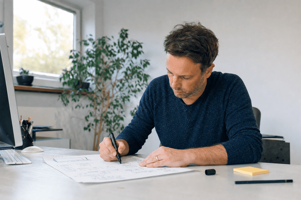 A web-studio owner sketching a simple site map on paper with a marker.
