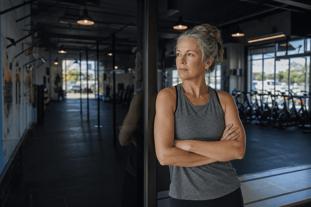 A gym owner looking at a near-empty class through a glass door, arms crossed.