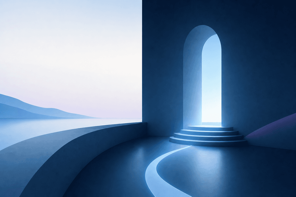 A calm abstract website hero with one glowing light-blue call-to-action shape.