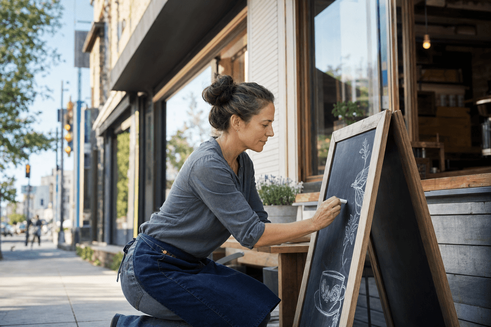 A café owner chalk-writing on a sandwich board sign outside her shop.