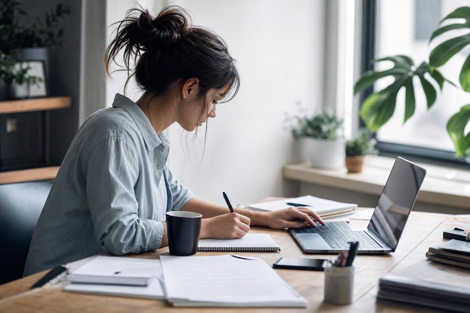 A photo of a person drafting clear website copy on a laptop with handwritten notes on a bright desk.
