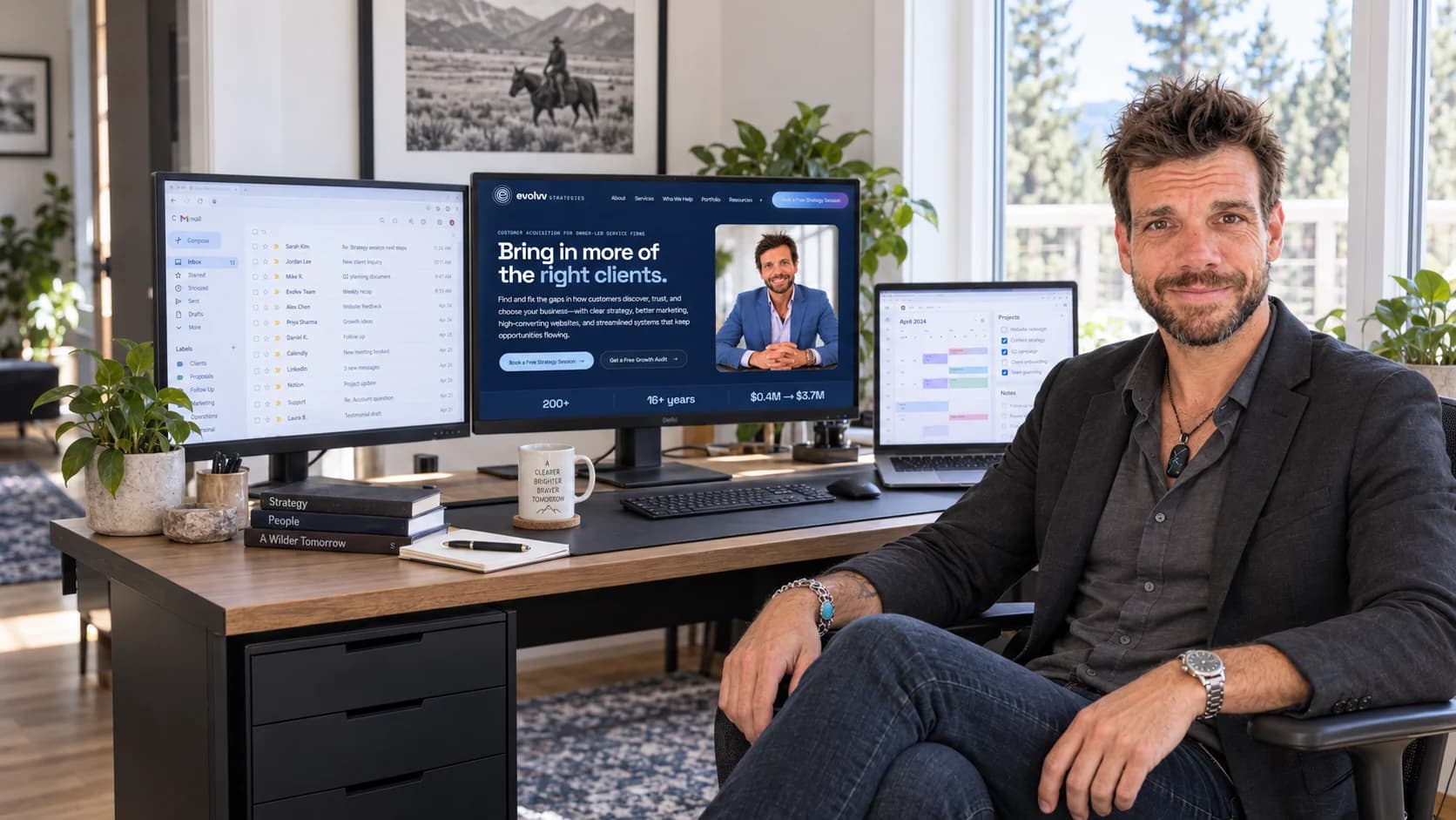 Pete Stevenson in his office beside the digital systems he builds for clients.