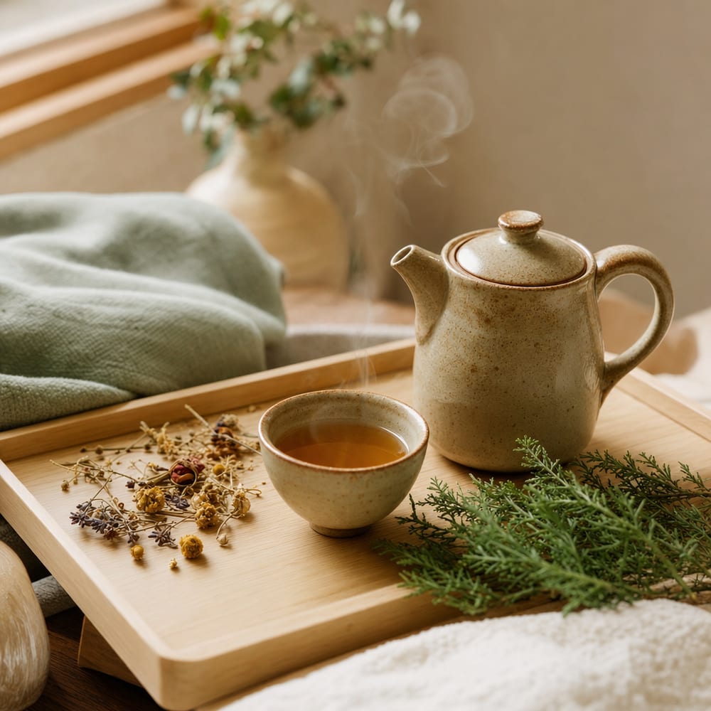 A clay teapot and warm cup of herbal tea